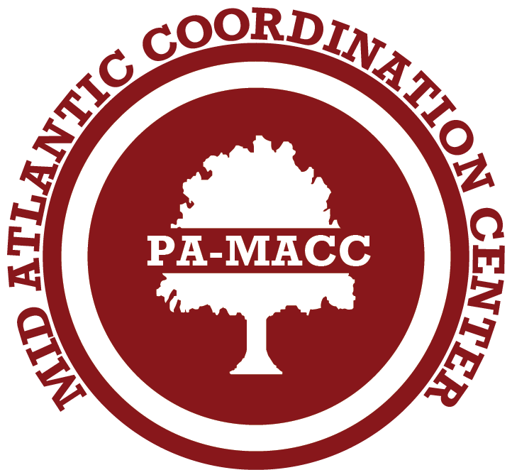 A tree in a dark red circle with the letters PA-MACC across, encircled by a dark red ring and the words Mid Atlantic Coordination Center