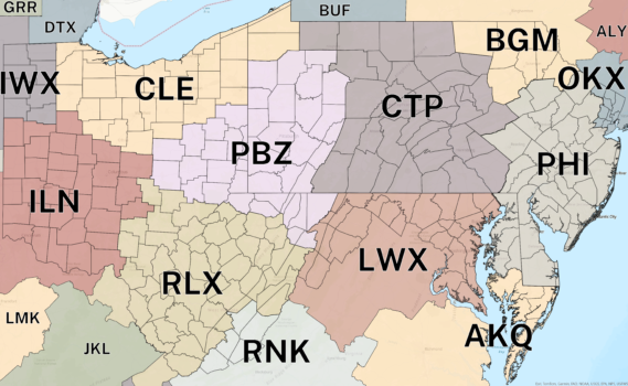 A map of National Weather Service Office Coverage Areas overlaid with fire weather zones in the MACC dispatch coverage area.